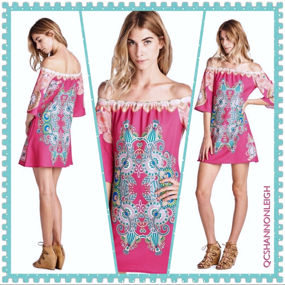 Sale! New Med. Pink Boho Off-Shoulder Dress w/Bell Sleeves